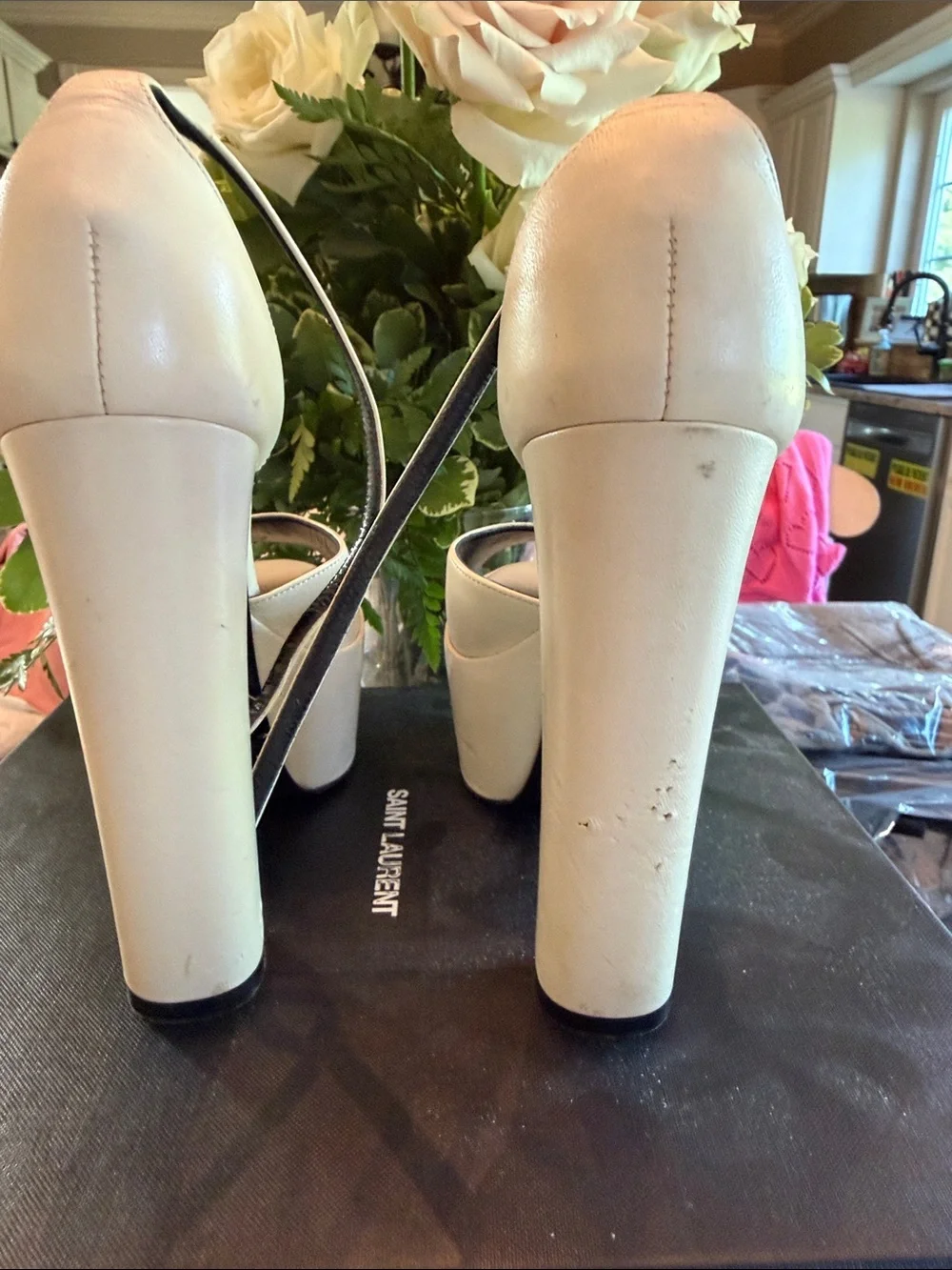 Saint Laurent Cream Platform Peep-Toe Slingback Heels